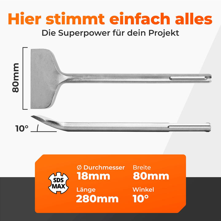 BAUBECK Robuste Fliesenmeissel SDS Max - schnelles Lösen von Putz & Kleberesten [10° abgewinkelt], h