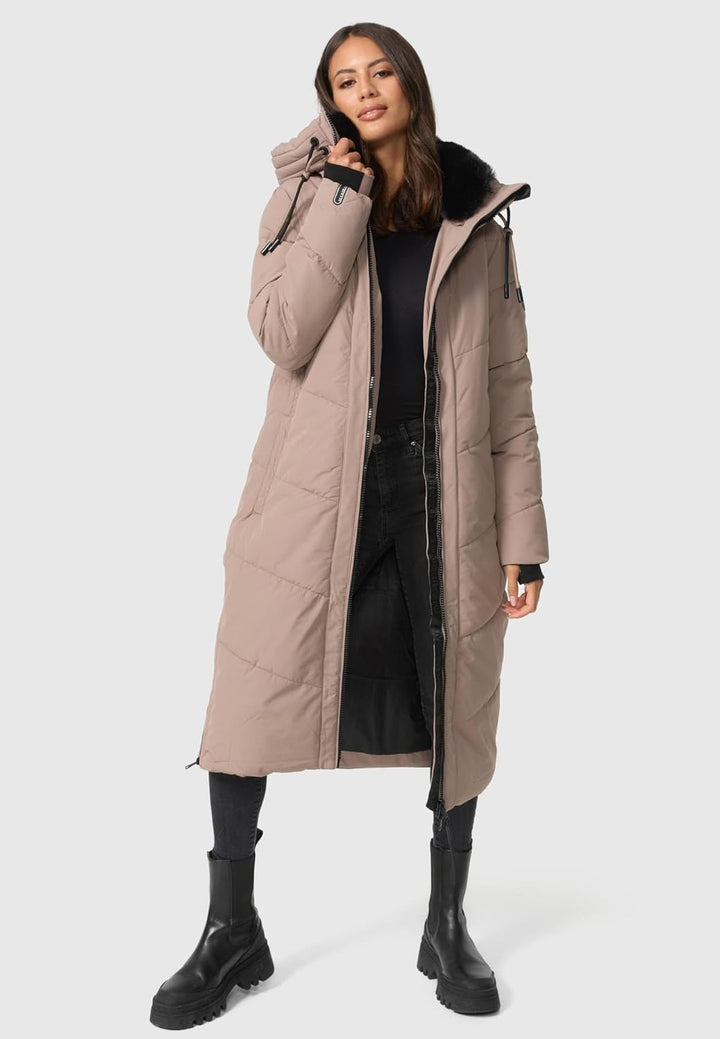 MARIKOO Damen Wintermantel warmer Steppmantel lang mit verstellbarer Kapuze und hohem Kragen Nadaree