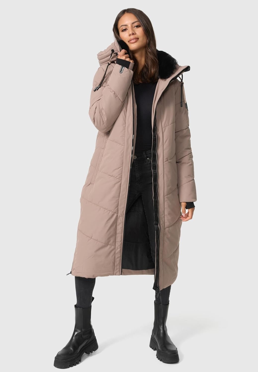 MARIKOO Damen Wintermantel warmer Steppmantel lang mit verstellbarer Kapuze und hohem Kragen Nadaree