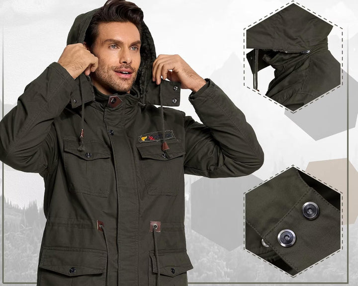 Winterparka Herren Fleece Gefüttert Winterjacke mit Viele Taschen Kapuze Warm Winter Mantel Übergang