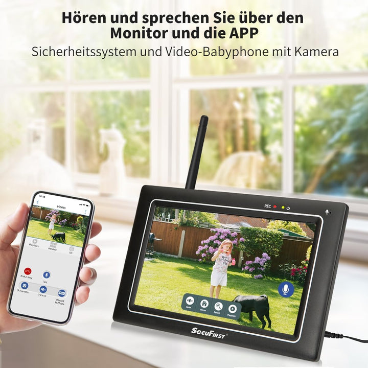 SecuFirst 2K Überwachungskamera Aussen Set mit Innen Monitor,7 Zoll Touchscreen Babyphone mit Kamera