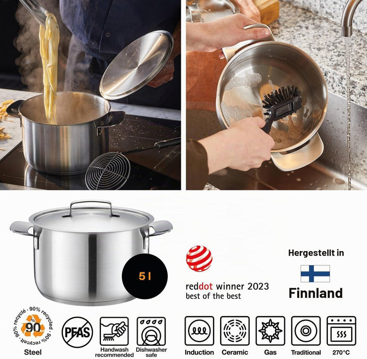 Fiskars Kasserolle, 5 l, Unbeschichtet, Für alle Kochfelder geeignet, Recycelter Edelstahl, All Stee