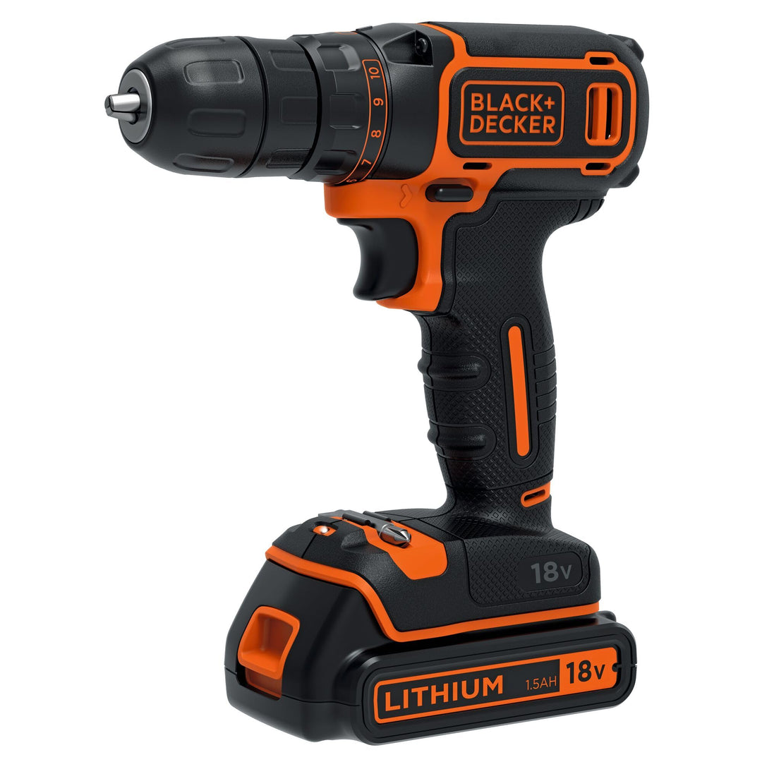 Black+Decker Akku-Bohrschrauber (18V, 1.5 Ah, Planetengetriebe, LED-Arbeitsleuchte, Softgriff, inkl.