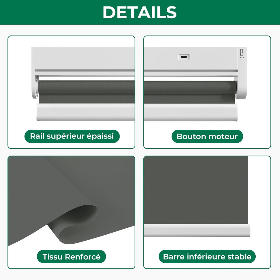 Allesin Wiederaufladbare Verdunklungsrollo ohne Bohren, (45x100cm,Anthrazit) Elektrische Rollo Innen