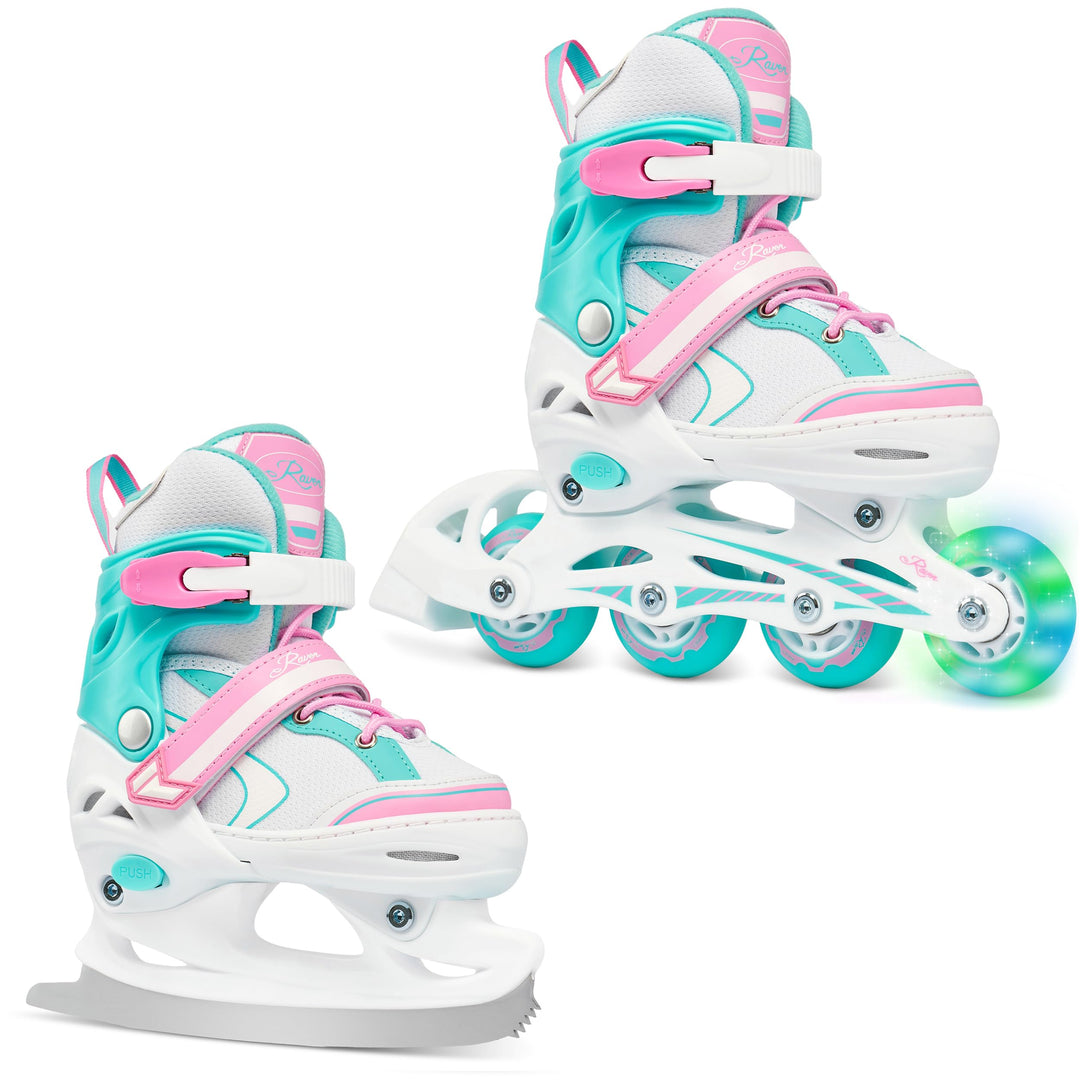RAVEN 2in1 Kinder Schlittschuhe/Inline Skates Lia/Loret verstellbar mit LED Leuchtrad 30-33 (18-20,5