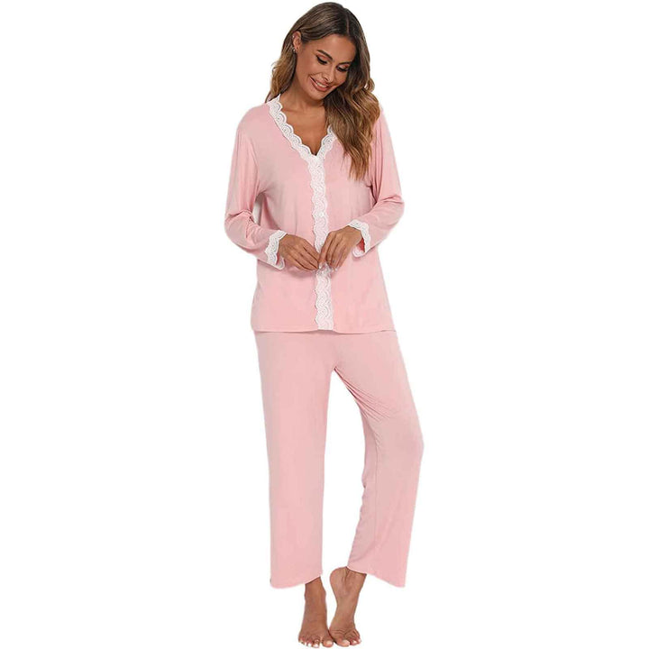 Jecarden Damen Schlafanzug mit Spitze Lang - Damen Pyjama Set Winter Langärmelig Nachtwäsche Zweitei