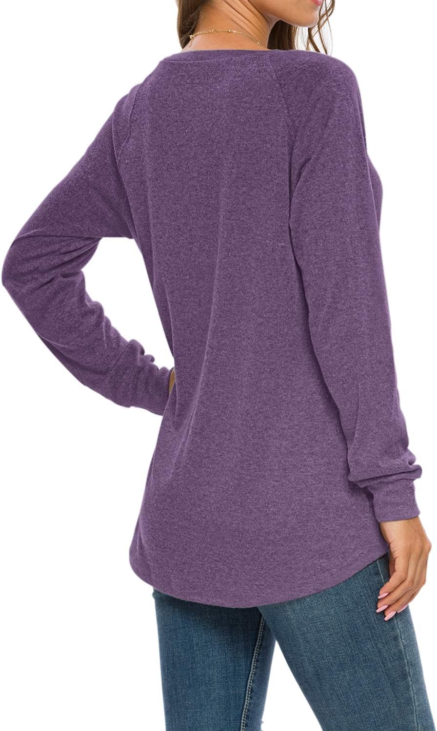 AUSELILY Damen Langarmshirts Rundhals T Shirts Blusen Tunika Sweatshirt Pullover Mit Taschen Lila S,