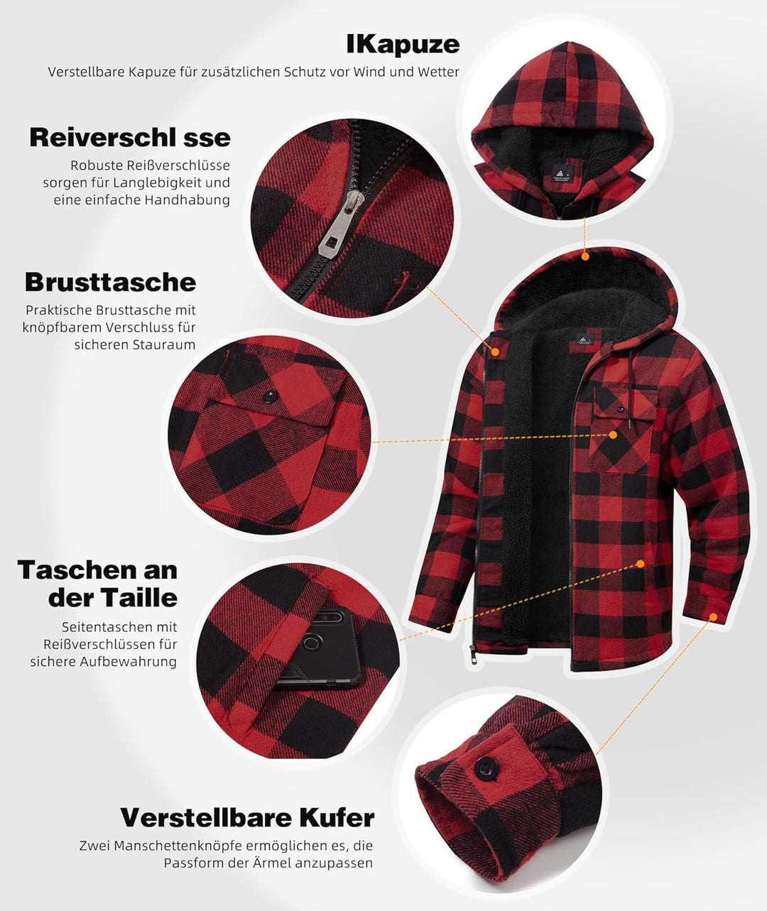 JACKETOWN Hemdjacke Kariertes Herren hoodies Flanelljacke Warm Thermohemd Herren Holzfäller Jacke Ve