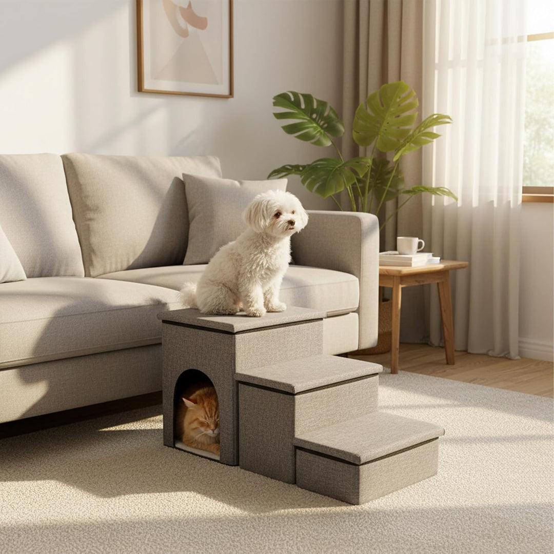 Relaxdays Hundetreppe, 3 Stufen, Höhle & Stauraum, HxBxT: 43 x 75 x 33 cm, faltbar, Hunderampe Bett