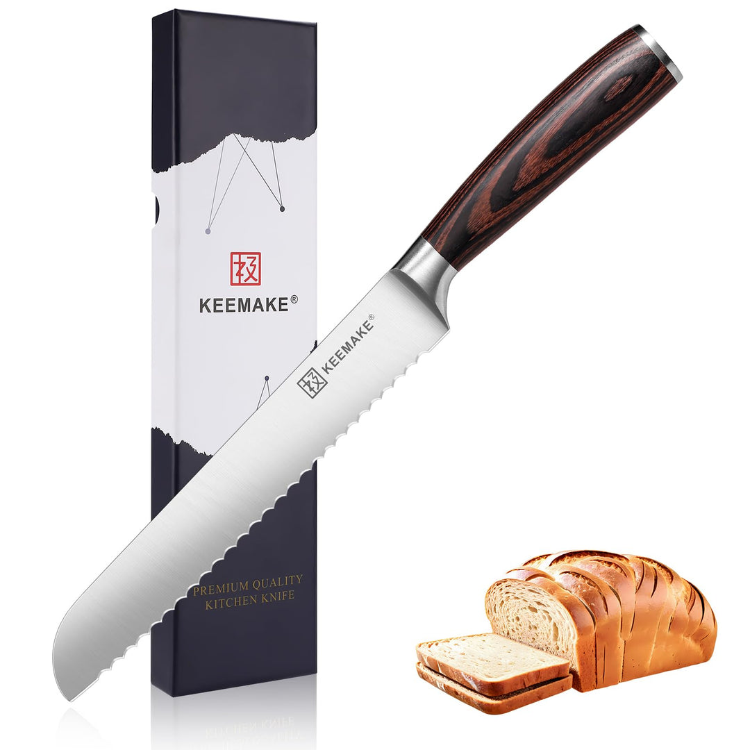 KEEMAKE Brotmesser mit Wellenschliff, Extra scharfes Brotschneidemesser 20 cm aus hochwertigem rostf