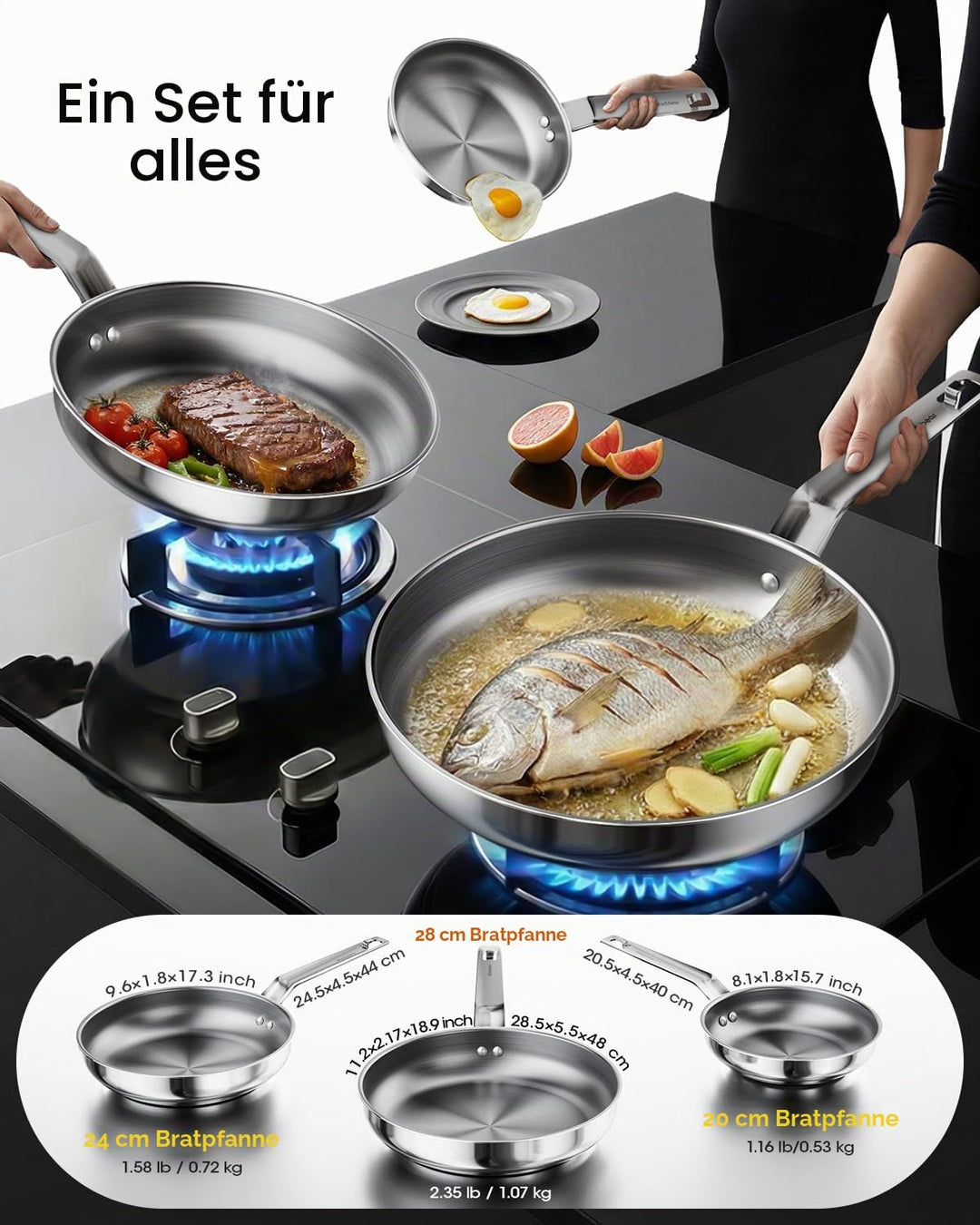 Pfannenset 3-teilig 20,5/24,5/28,5 cm, Edelstahlpfanne Unbeschichtet für alle Herdarten, Bratpfanne