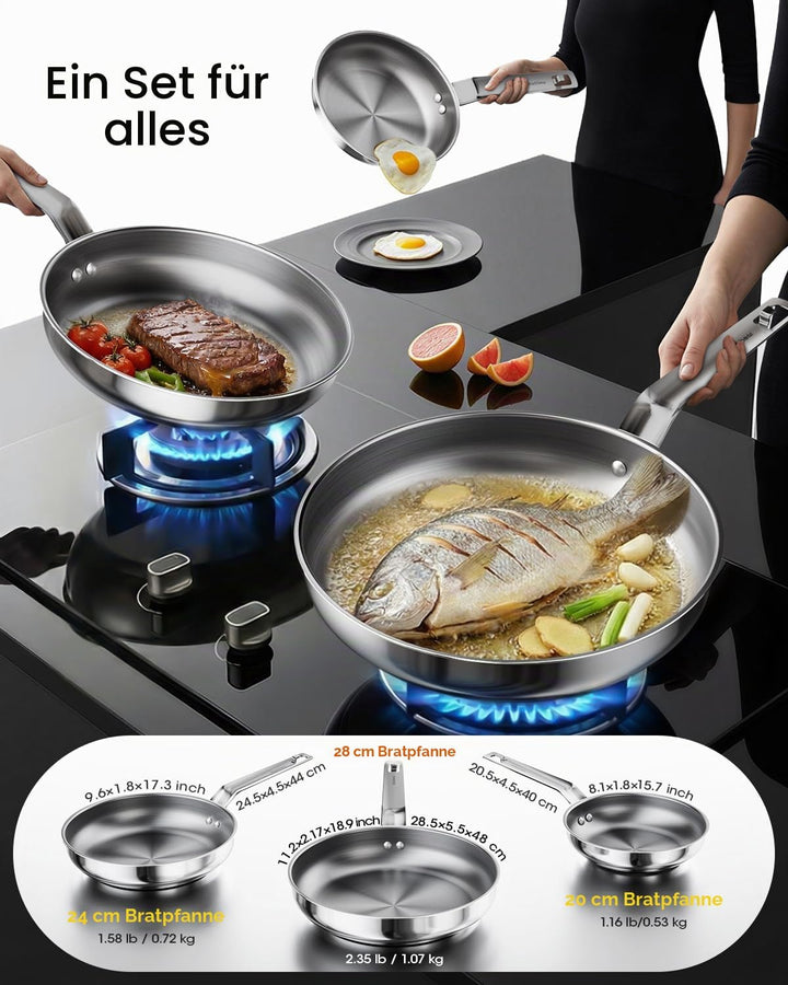 Pfannenset 3-teilig 20,5/24,5/28,5 cm, Edelstahlpfanne Unbeschichtet für alle Herdarten, Bratpfanne