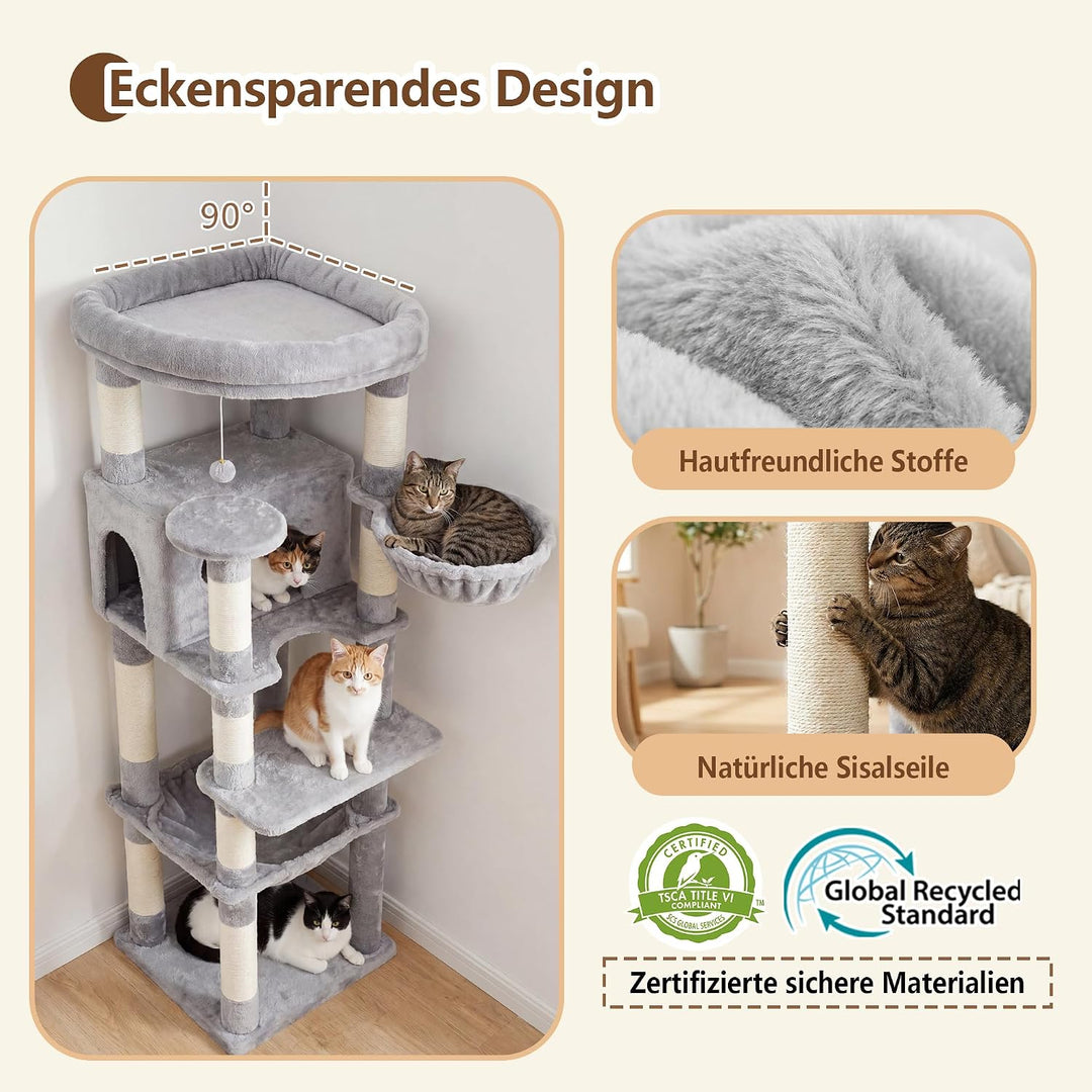 Heybly 135cm Eck Katzenbaum für Grosse Katzen, Natursisal-Kratzstämme, platzsparendes Eckdesign, fäc