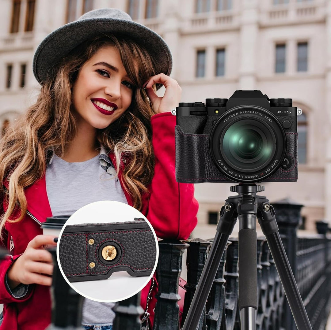 Rieibi Fuji XT5 Schutzhülle für Fujifilm X-T5 Digitalkamera, hochwertiges Echtleder, Halbtasche für