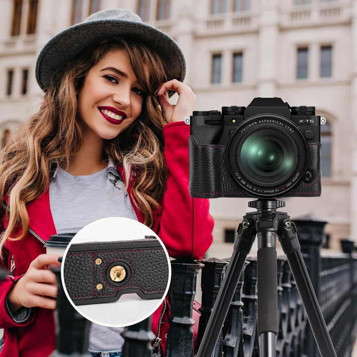 Rieibi Fuji XT5 Schutzhülle für Fujifilm X-T5 Digitalkamera, hochwertiges Echtleder, Halbtasche für