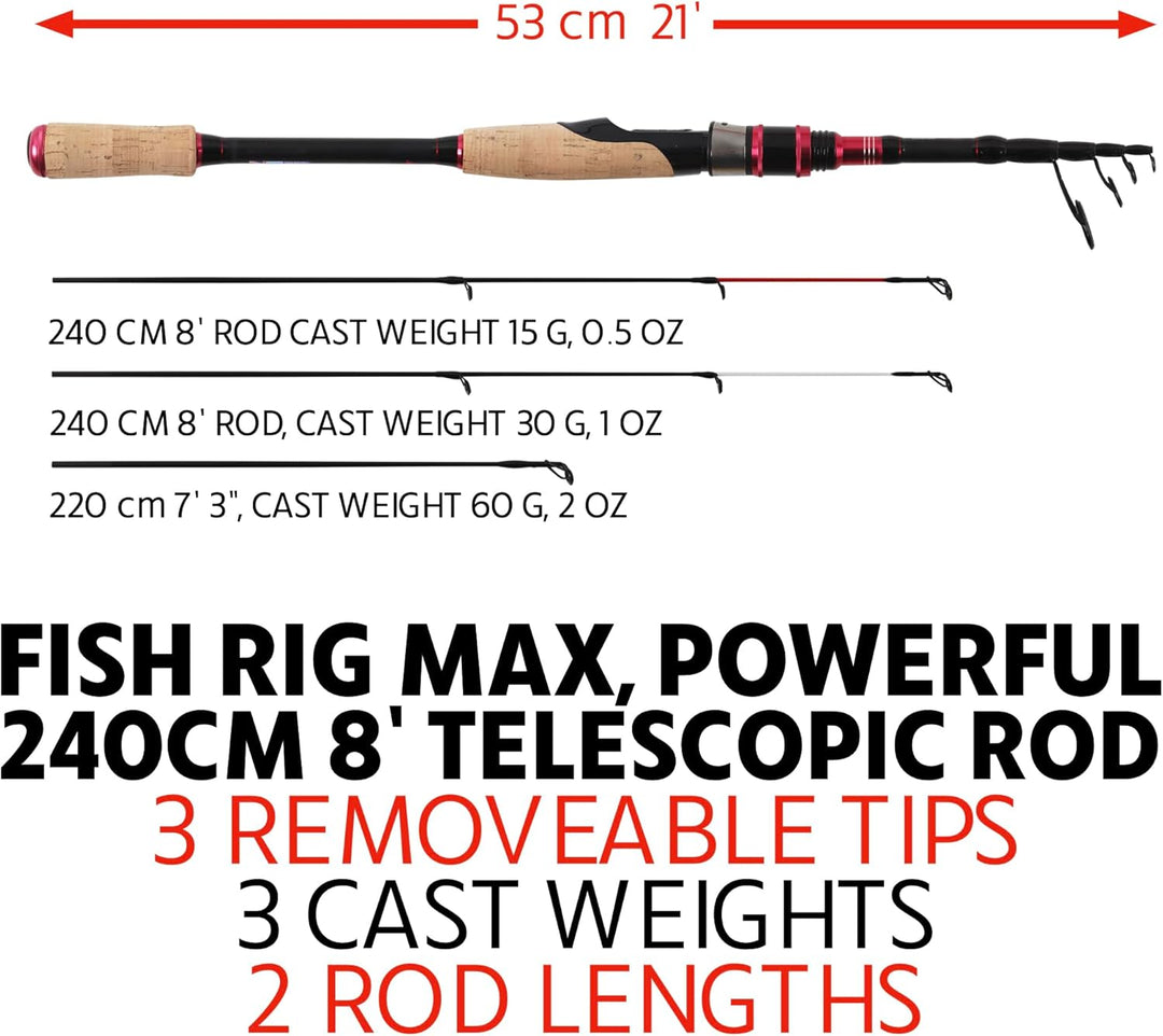 Rigged and Ready Fish Rig Max Tele Angelrute Die einzige Spin-Baitcast Teleskoprute der Welt 240 & 2