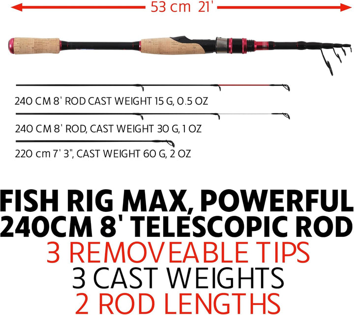 Rigged and Ready Fish Rig Max Tele Angelrute Die einzige Spin-Baitcast Teleskoprute der Welt 240 & 2