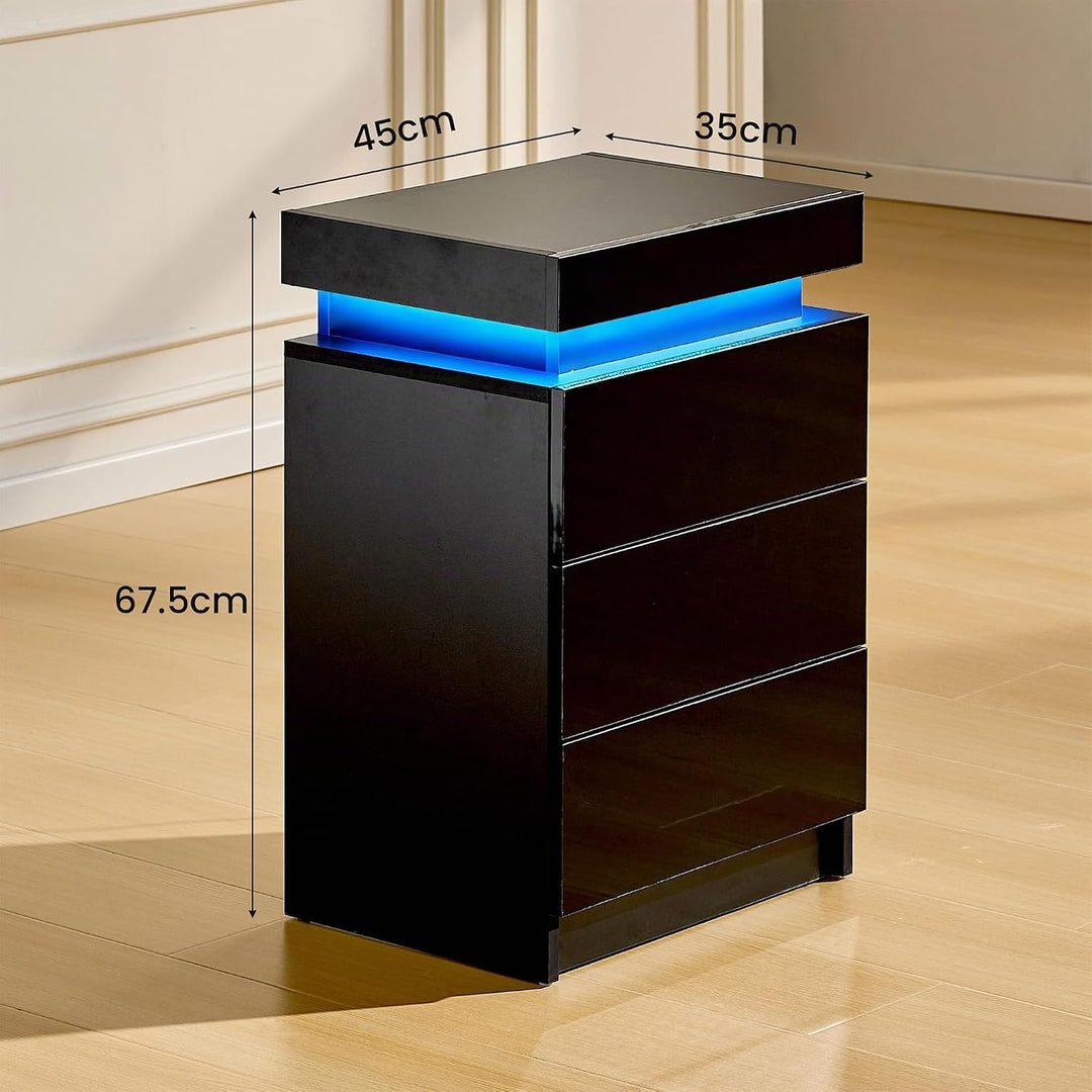 CLIPOP Nachttisch Hochglanzfront Kommode mit mit LED-Lichtern, sprachgesteuerter Lichtstreifen, 3 Sc