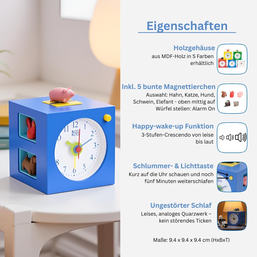 KOOKOO KidsAlarm Blau, Kinderwecker mit 5 Bauernhoftieren und echten Aufnahmen, Blau
