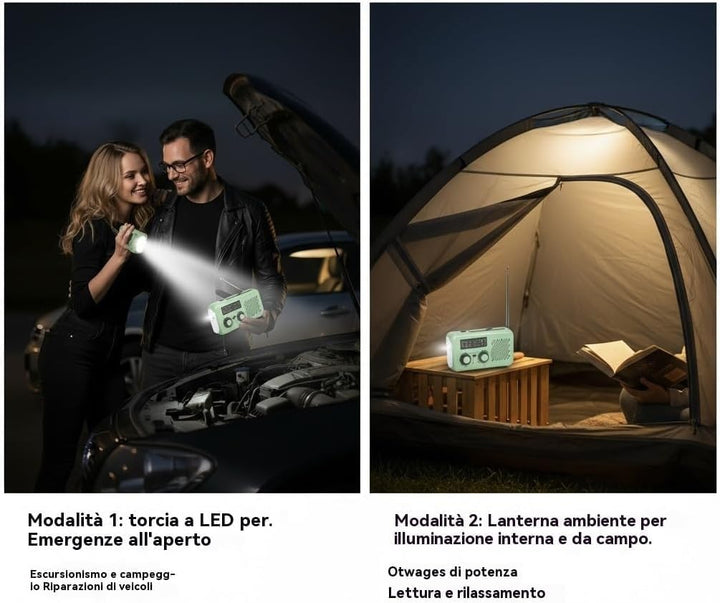 Notfall Radio, 3-Wege-Ladung (Solar, Kurbel, USB-C) Powerbank, 2000mAh Akku, AM/FM Radio, SOS, LED-T