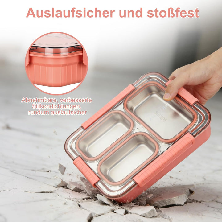 Edelstahl Brotdose Kinder 900ml Metall Bento Lunchbox,Brotdose mit 3 Trennfächern,Bento Lunch Box Ki