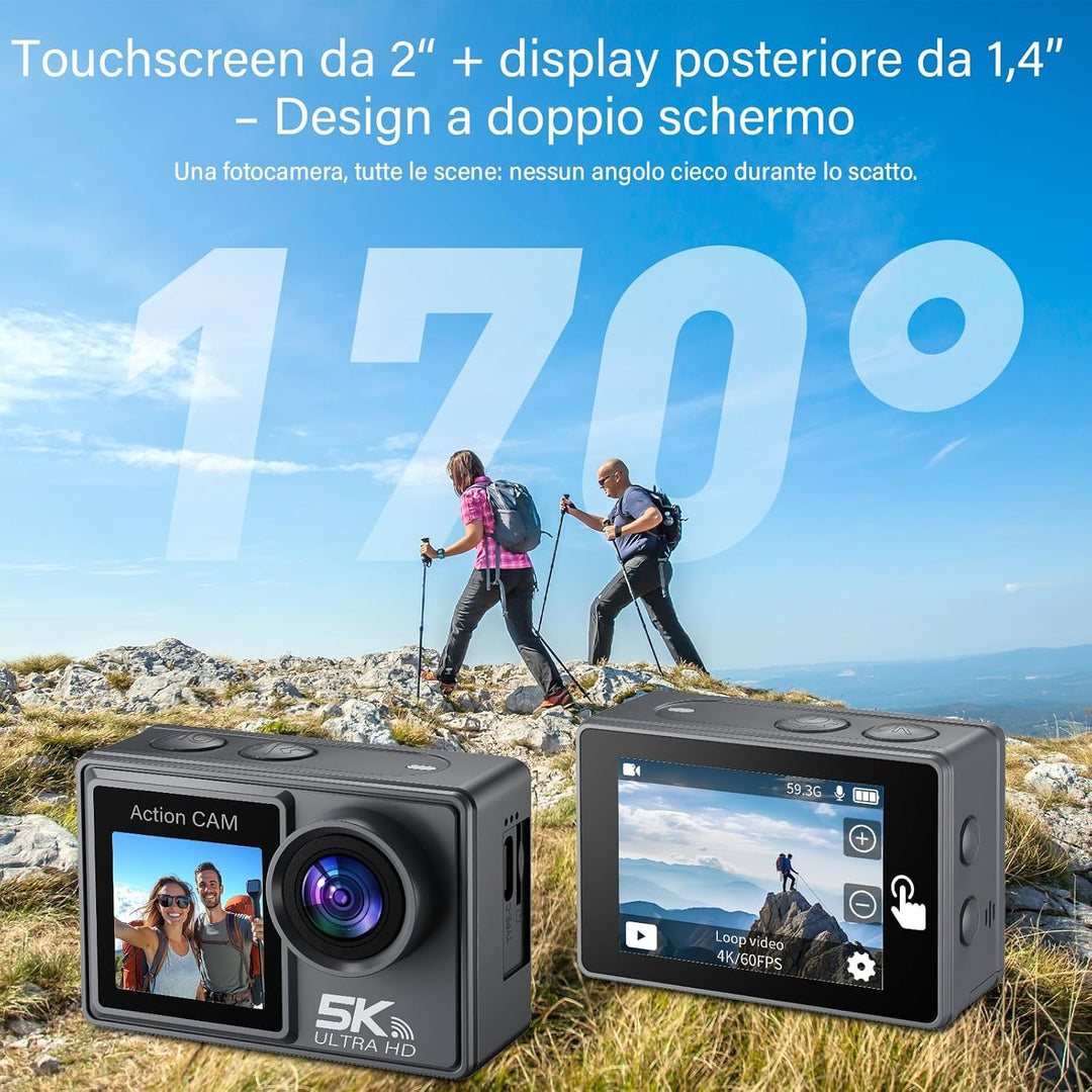 Action Cam 5K/4K 60FPS, 50MP Unterwasserkamera 30M wasserdichte Action Kamera mit 64GB SD Karte, EIS