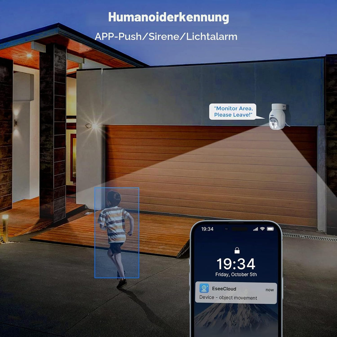 Hiseeu 5 MP Überwachungskamera Aussen-WLAN mit automatischer Verfolgung, 350°/90° schwenkbar, Farbna