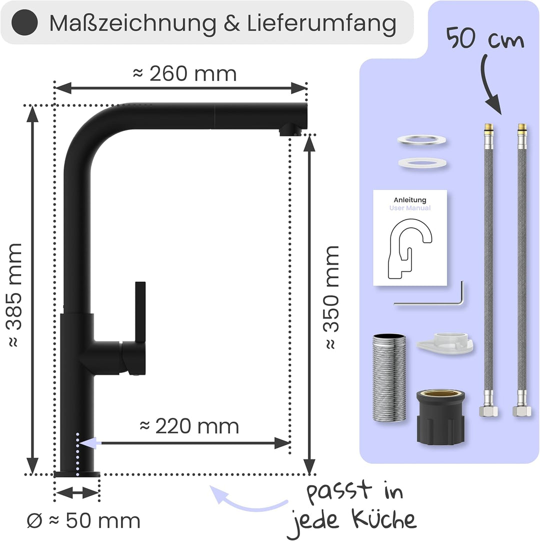 instmaier Cassia | Küchenarmatur mit herausziehbarem Auslauf | schwarz matt | Wasserhahn Küche 360°