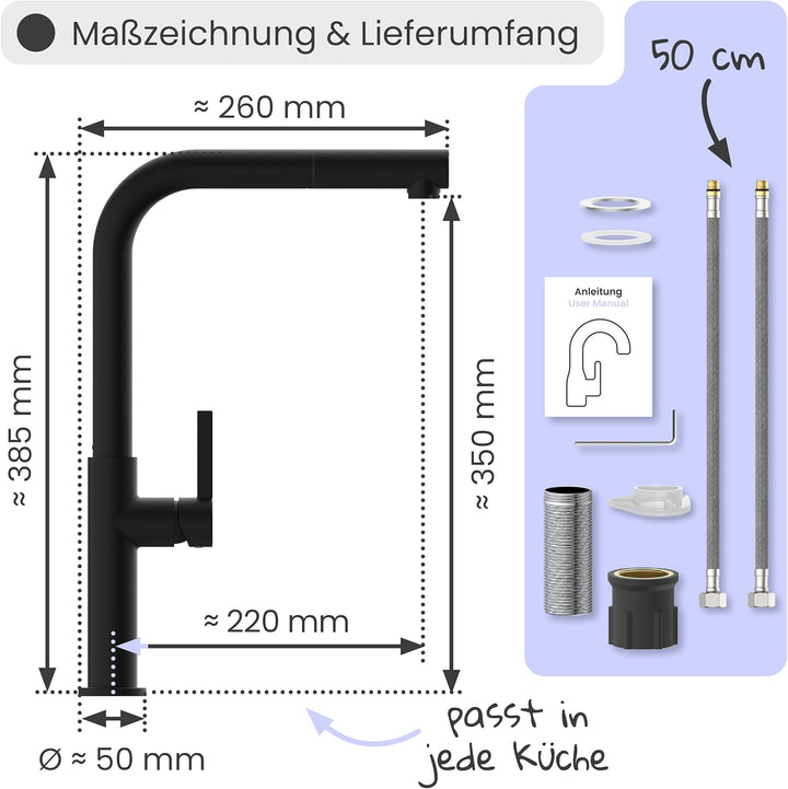 instmaier Cassia | Küchenarmatur mit herausziehbarem Auslauf | schwarz matt | Wasserhahn Küche 360°