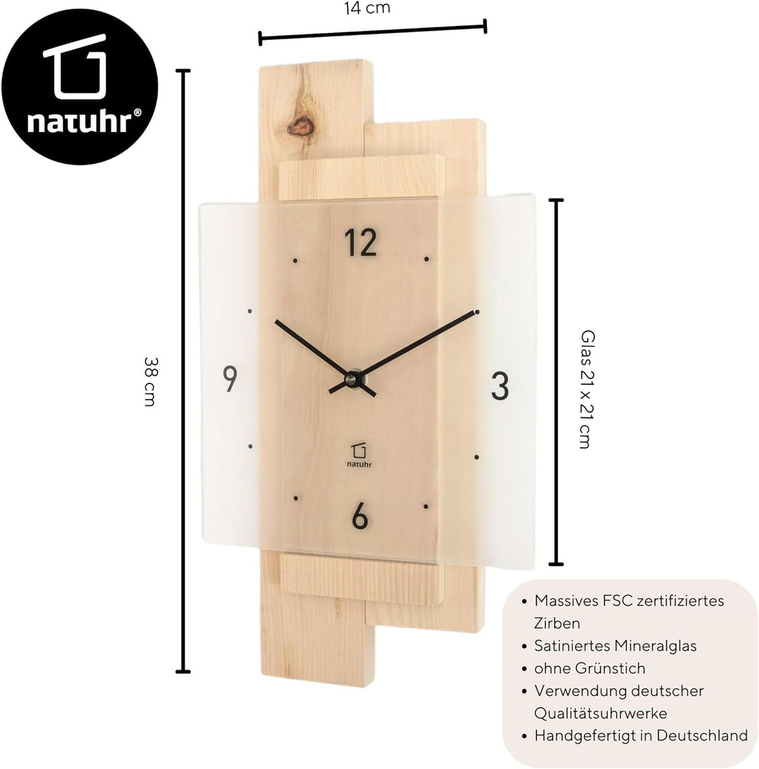 Natuhr Wanduhr Holz Zirbenwald geräuscharm Zirbe Massivholz Mineralglas U.T.S. Uhrwerk (Zirbenholz,