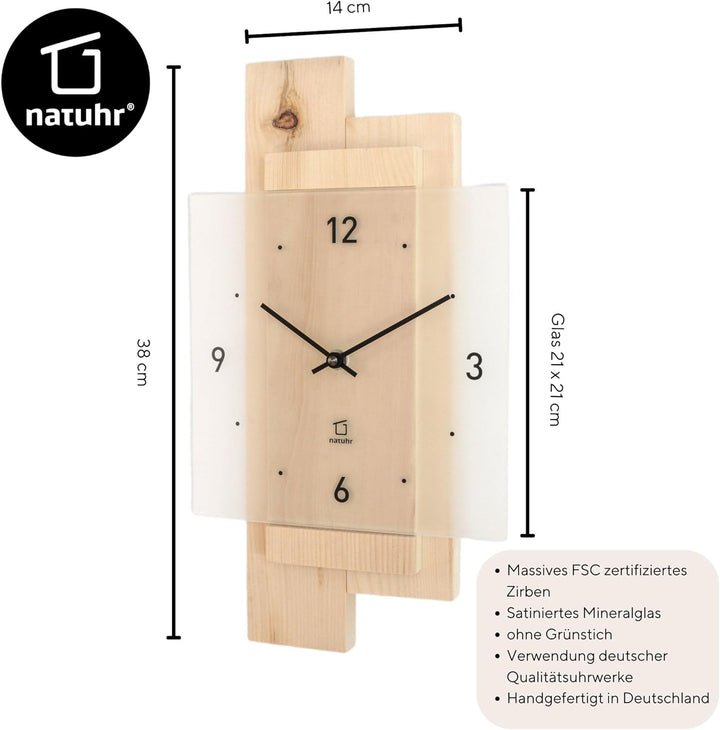 Natuhr Wanduhr Holz Zirbenwald geräuscharm Zirbe Massivholz Mineralglas U.T.S. Uhrwerk (Zirbenholz,