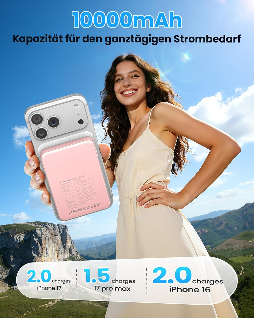Magsaf Power Bank 10000mAh, Wireless Magnetische Powerbank Schnelles Laden mit LED-Display Mini powe