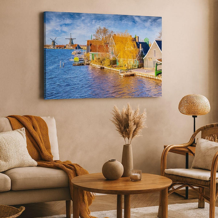 Bilder auf Leinwand 100x70cm Leinwandbild Landschaft Windmühle Wasser Dorf Gross Wanddeko Bild Schla