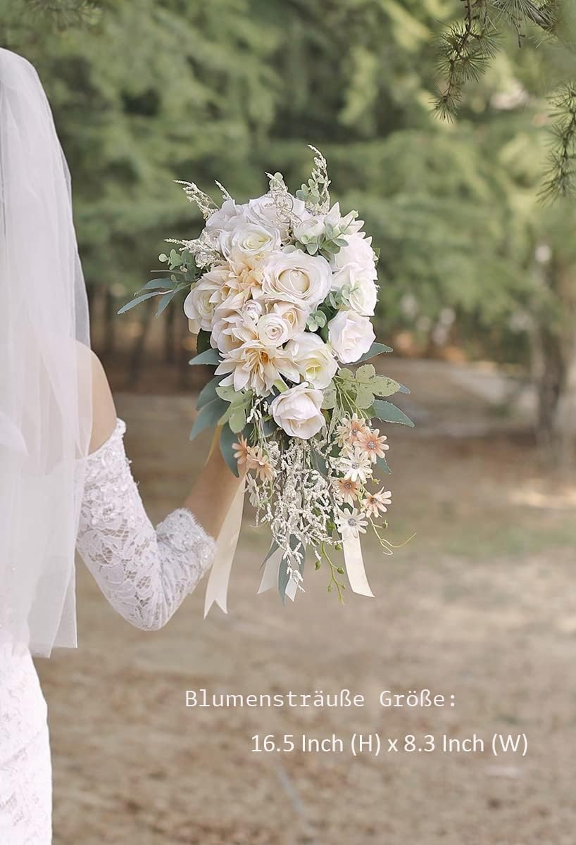 Ansofi Hochzeitssträusse für Braut, kaskadierende Blumensträusse für Braut, Beige Rose, künstlicher