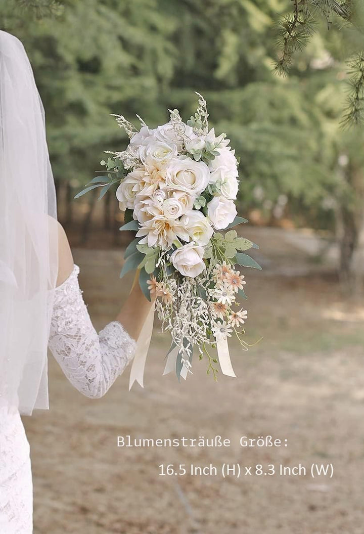 Ansofi Hochzeitssträusse für Braut, kaskadierende Blumensträusse für Braut, Beige Rose, künstlicher