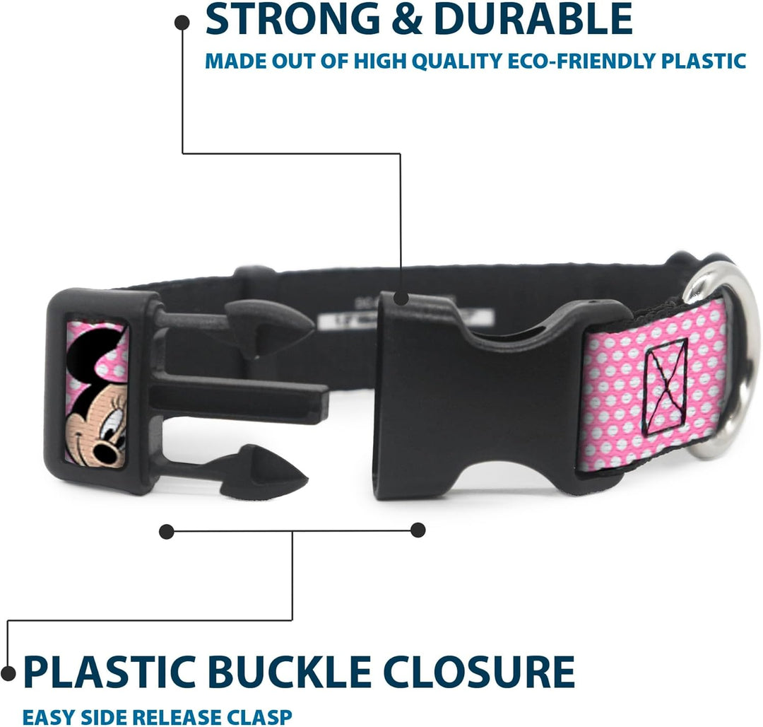Buckle-Down Plastic Clip Collar - Minnie Mouse Expressions Polka Dot Pink/White - 1.5" Wide - Fits 1