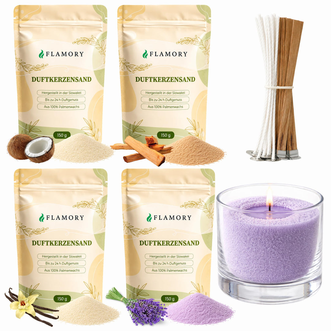 Kerzensand mit Duft Wellness Set 4x150g – [Vanille/Kokos/Lavendel/Sandelholz] – 12 Dochte inklusive
