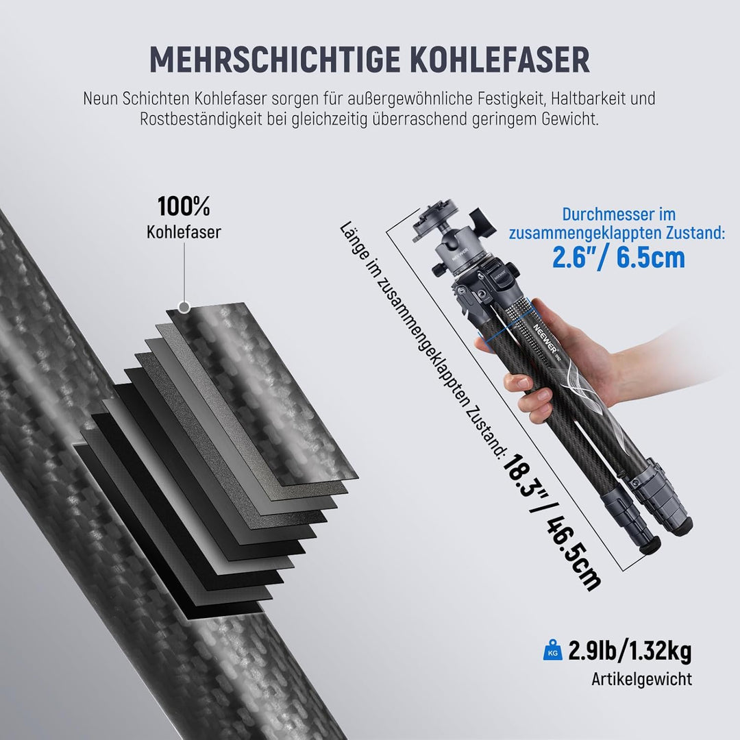 NEEWER LITETRIP 62" Kamera Reisestativ, tragbarer Ständer aus Carbonfaser mit abnehmbarem ±15° Nivel