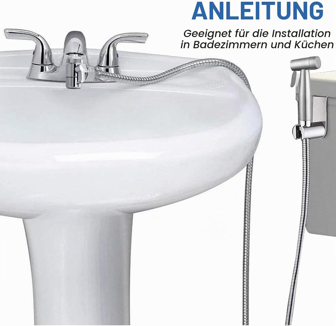 Bidet Edelstahl Handbrause, Badezimmer - Bidetaufsatz mit mit Wasserhahn-Spender, Federschlauchhaken
