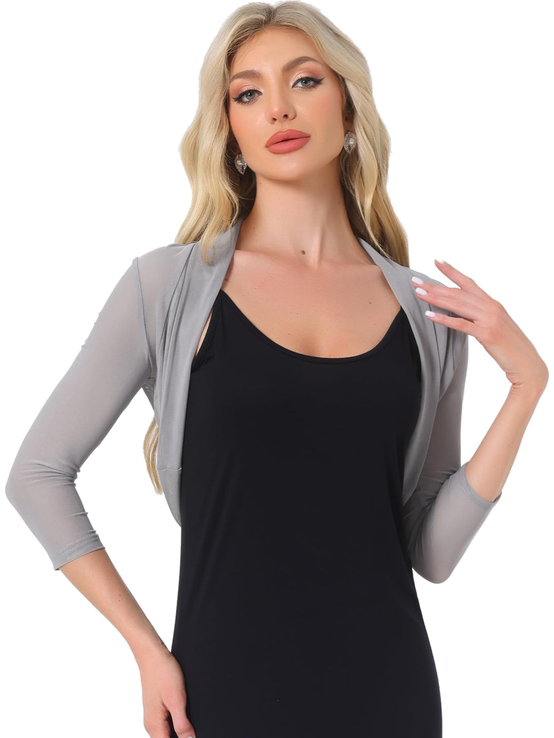 Allegra K Damen Bolero Festlich 3/4 Ärmel Rüschen Mesh Durchsichtig Crop Strickjacke Shrug Boleros X