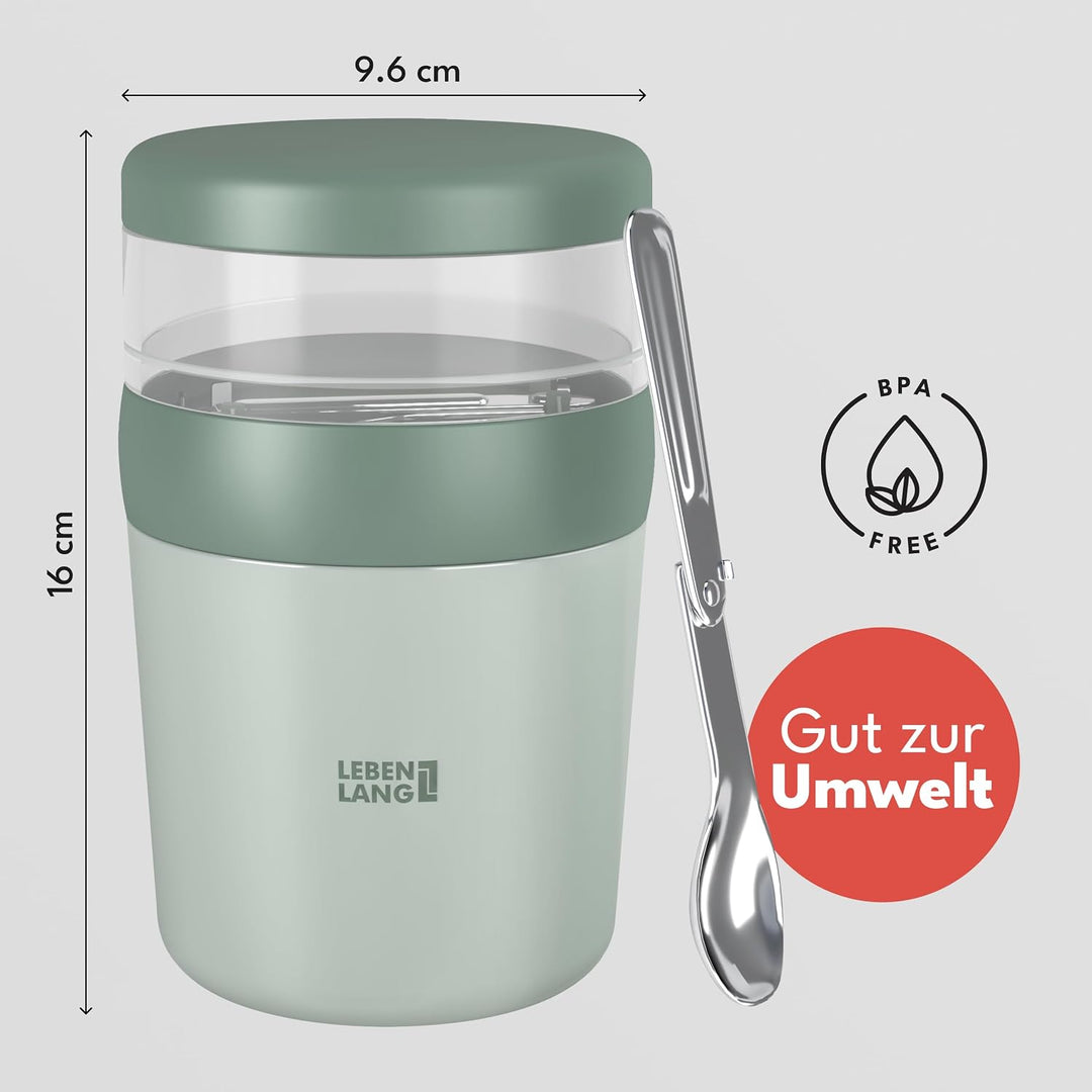 LEBENLANG Müsli To Go Becher mit Löffel - 650ml &amp; Isolierende Edelstahlinnenwand I Müsli 2 Go Becher