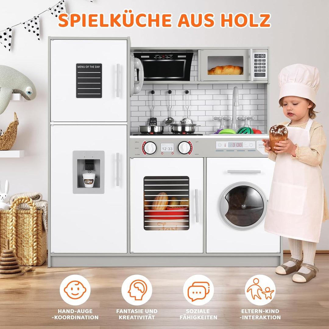 MAMIZO Kinderküche Holz, Spielküchen aus Holz für Kinder, Spielzeugküche mit Licht und Sound, 82x80x