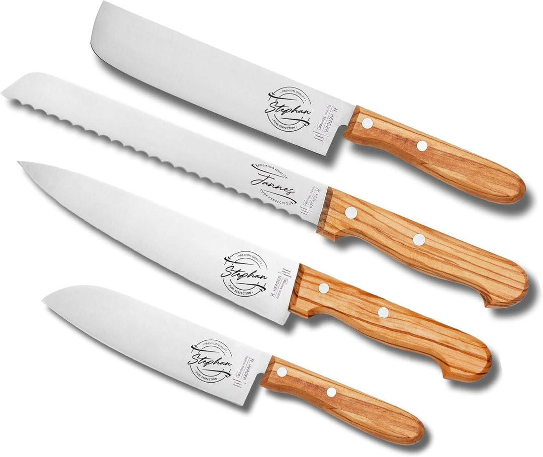 personalisiertes Premium Messer-Set von H. Herder mit Gravur – 4-teilig (Santoku, Nakiri, Koch- & Br