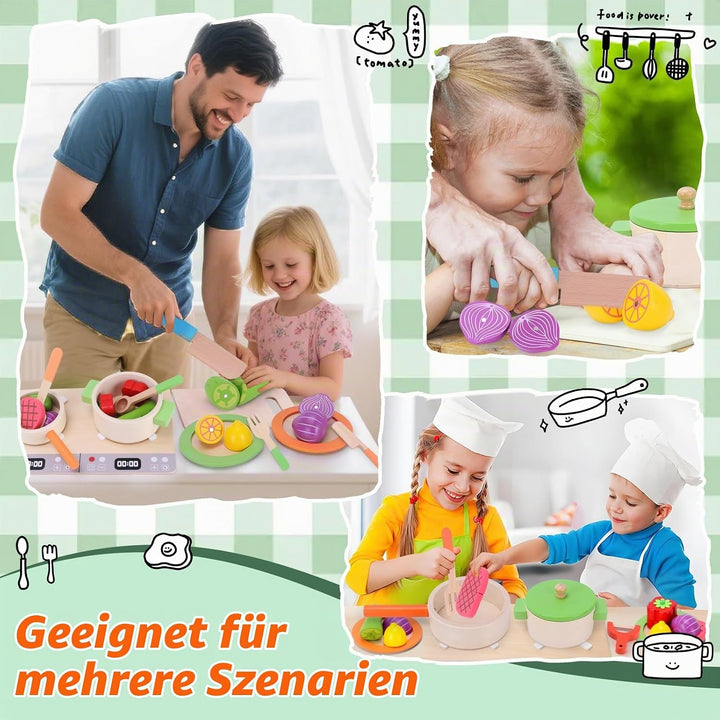 Kinderküche Zubehör Holz, Spielküche Zubehör, Holzspielzeug Inklusive Topfset Küchenspielzeug und Ob