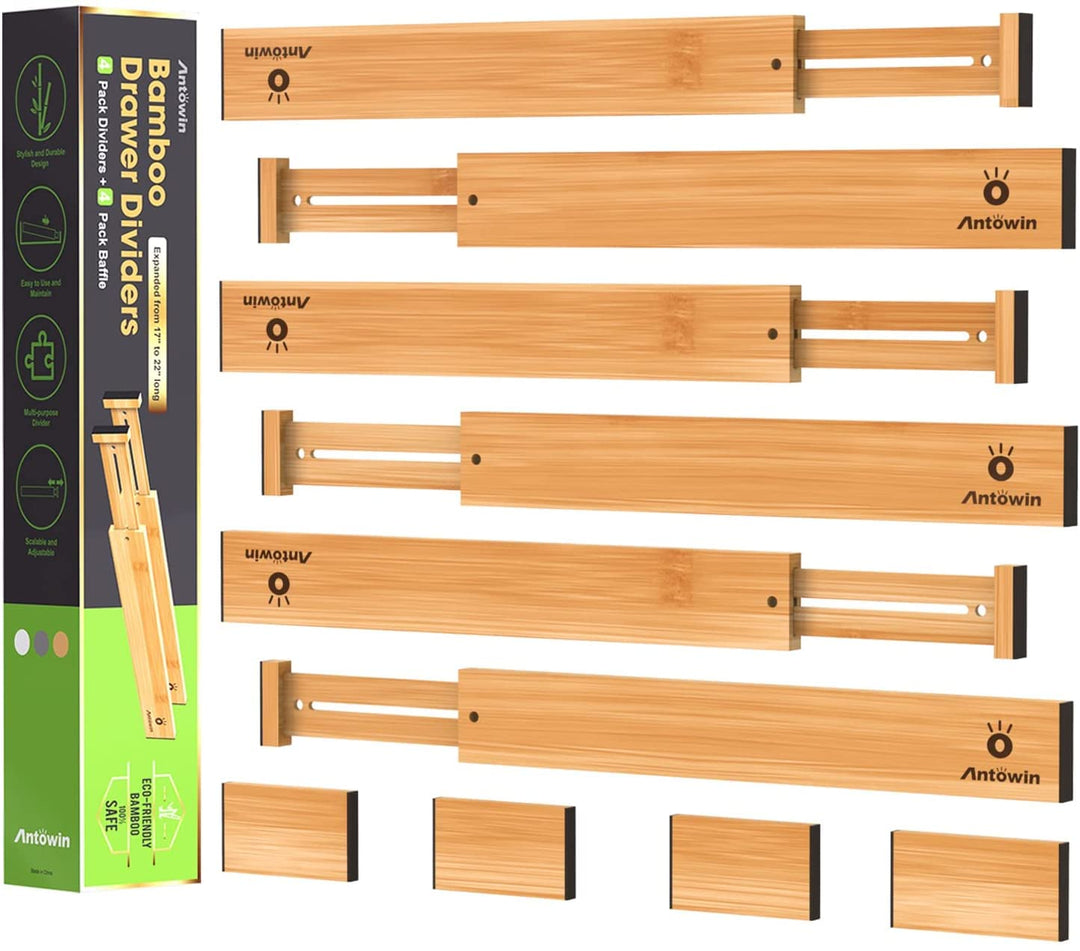 ANTOWIN 10 Pcs Schubladentrenner Verstellbar Bambus, Schubladen organizer, gefedert, Küche, Kommode,