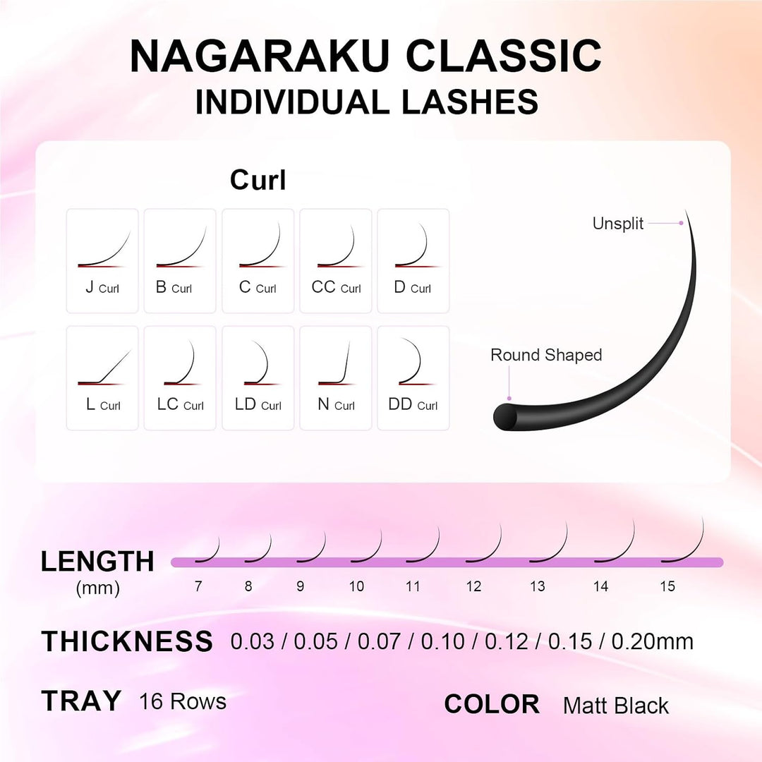 NAGARAKU 5er-Pack Classic Wimpern 2. Gen 0,05 C 7-15mm Für 1:1 &amp; Volumen 5 Trays 7-15mm 0.05 C 2. Ge