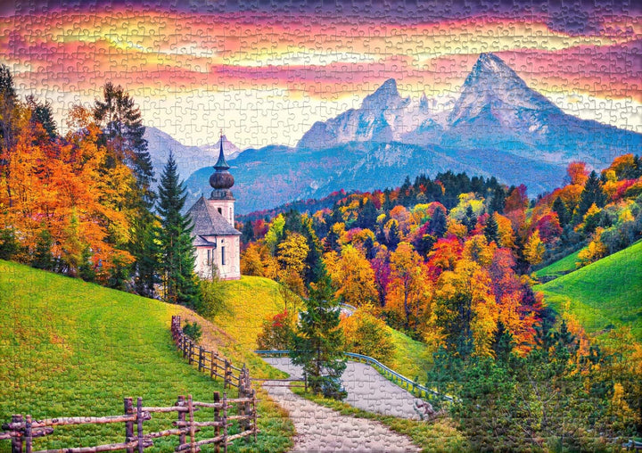 Ulmer Puzzleschmiede - Puzzle „Wallfahrt“ - Klassisches 1000 Teile Berg-Puzzle – Stimmungsvoller Pfa