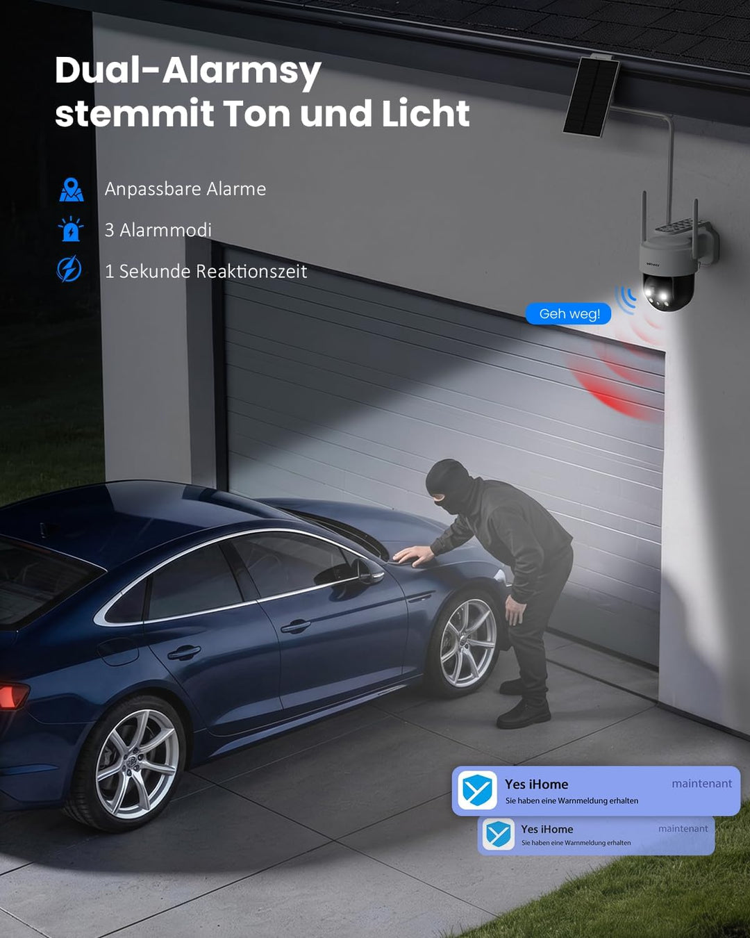 2K Überwachungskamera Aussen Solar, 360° PTZ WLAN Kamera Outdoor Kabellos mit abnehmbarem Solarpanel