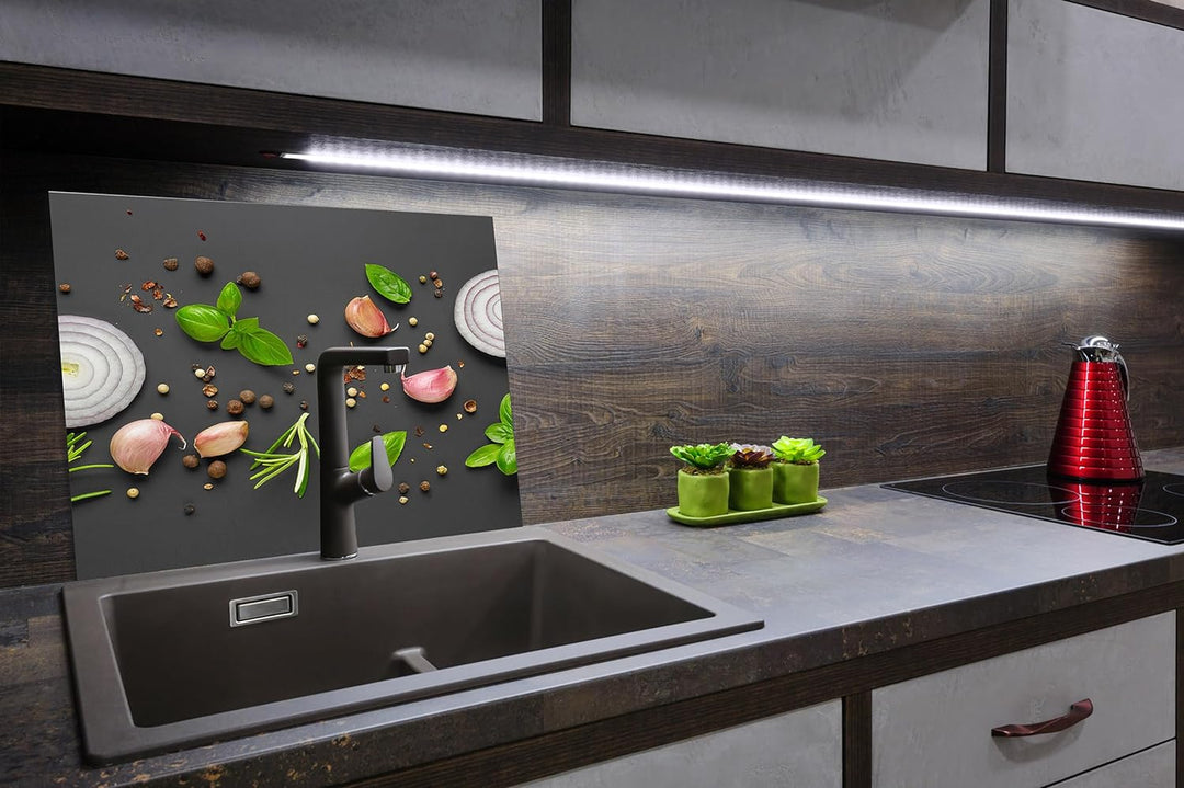 SmartDecoration Herdabdeckplatte Ceranfeldabdeckung aus Glas 60x52 cm Einteilig Motiv "Gemüse" Grau