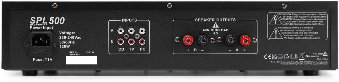 Skytec SPL 500 - Audioverstärker (2.0 Kanäle, 0,5%, 95 dB, 250 W, 82 dB, 775 mV)